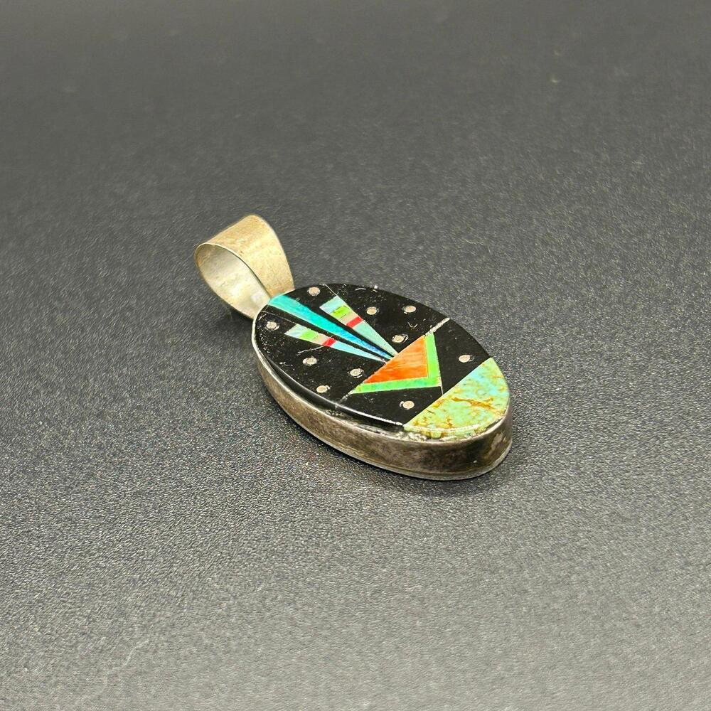 Navajo Turquoise Spiny Oyster Inlay Sterling Silver Stamped Necklace Pendant - Picture 4 of 4